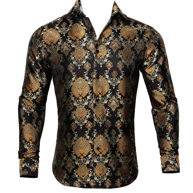 Barry.Wang Teal Paisley Floral Silk Shirts Men Autumn Long Sleeve Casual Flower Shirts For Men Designer Fit Dress Shirt BCY-05 - Super Amazing Store