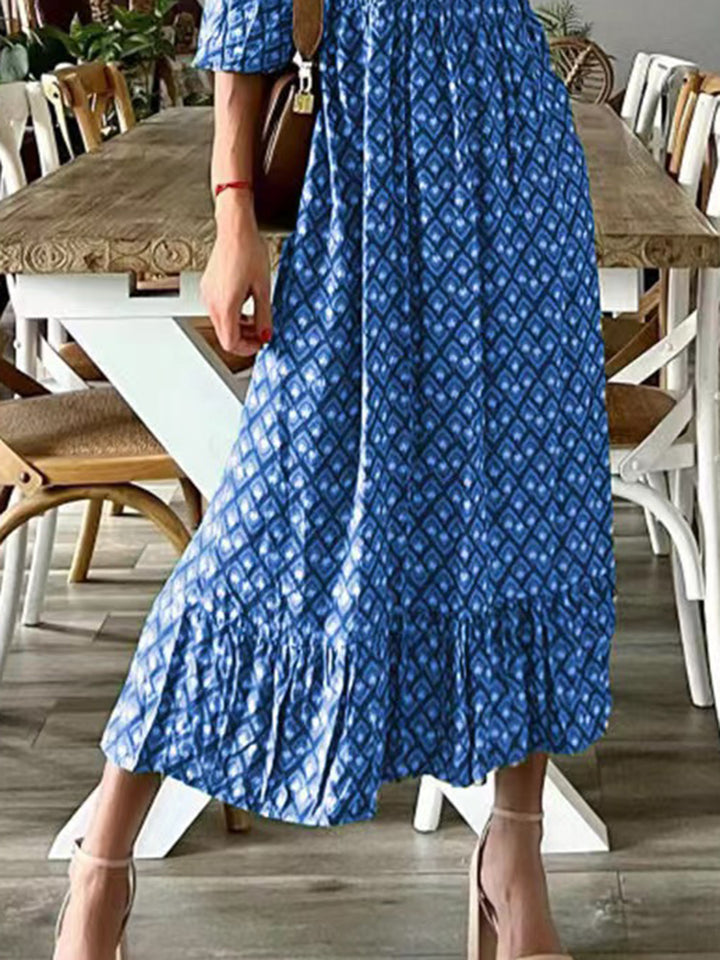 Smocked Printed V-Neck Midi Dress Trendsi