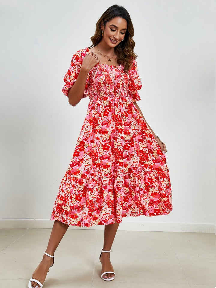 Smocked Floral Square Neck Short Sleeve Dress Trendsi