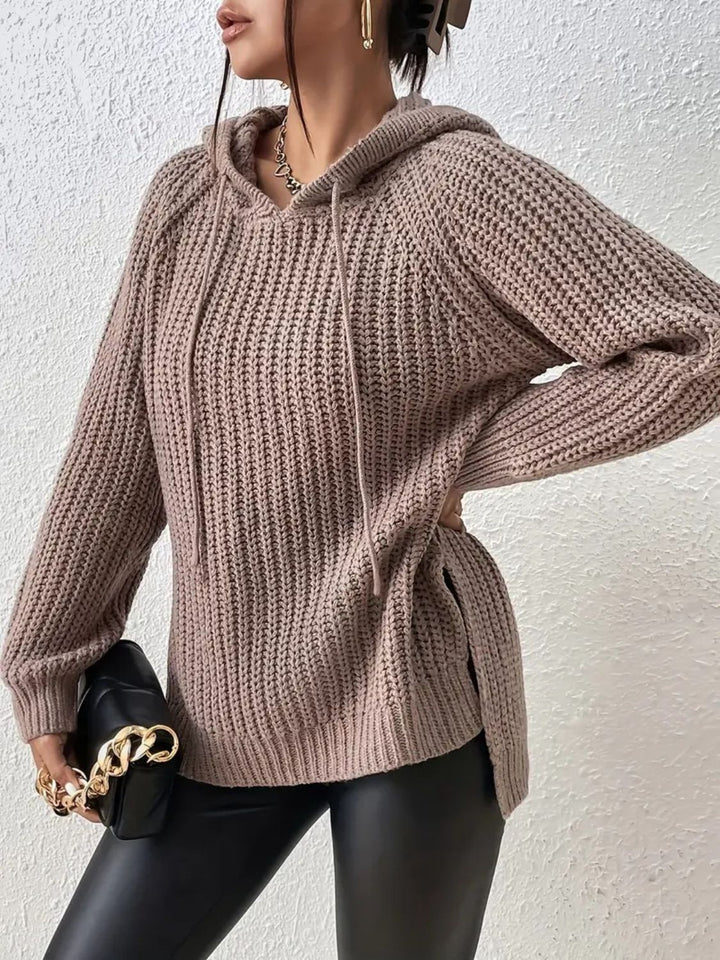 High-Low Side Slit Drawstring Long Sleeve Hooded Sweater Trendsi