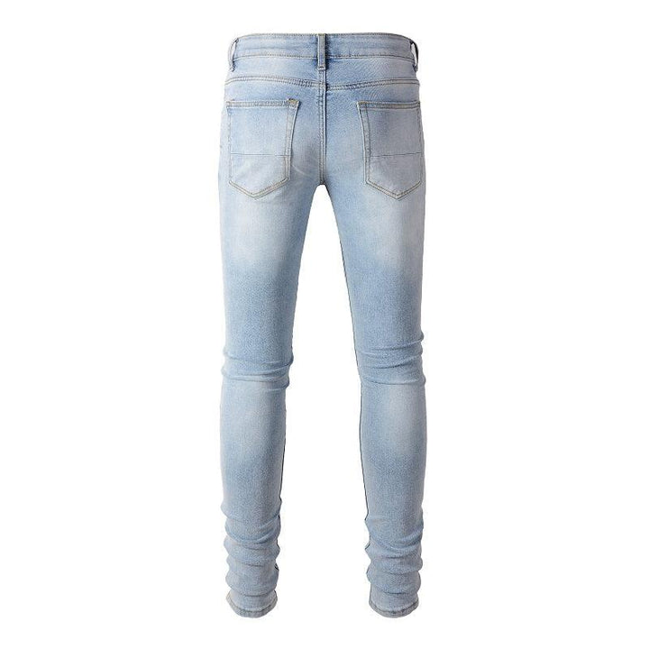 Leather Patched Holes, Elastic Slim Fitting Jeans For Men - Super Amazing Store