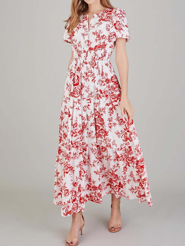 Tiered Floral Notched Short Sleeve Dress Trendsi