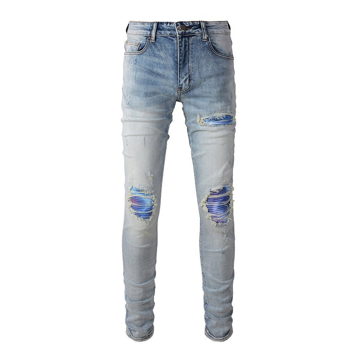 Washed Bright White Distressed Cat Beard Patch Ripped Stretch Slim Jeans Q2