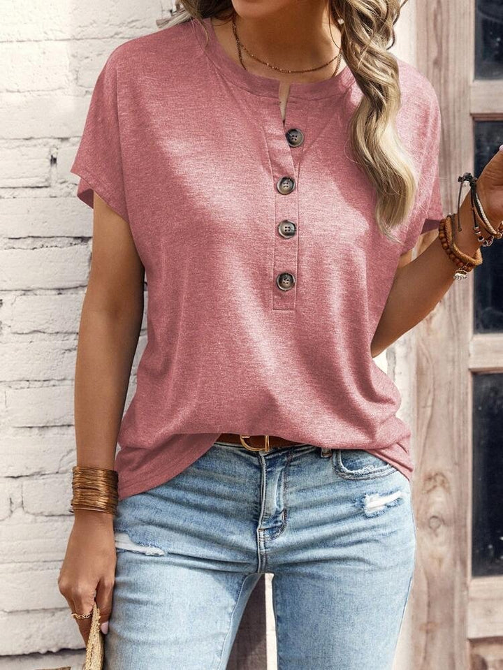 Top Solid Color Button Fashion Short Sleeve T-shirt Women-Super Amazing Store