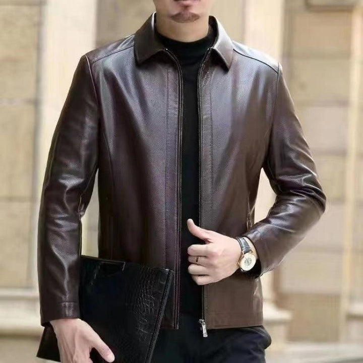 Leather Jacket For Middle-aged Men Leather Clothing With Stand Collar Men Fleece-lined-Super Amazing Store
