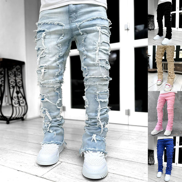 Men Trousers Individual Patched Pants Long Tight Fit Stacked Jeans For Mens Clothing-Super Amazing Store