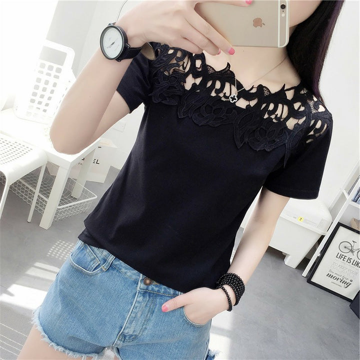 Spring and summer new women's t-shirt hollow hook flower temperament ladies large size short-sleeved shirt - Super Amazing Store