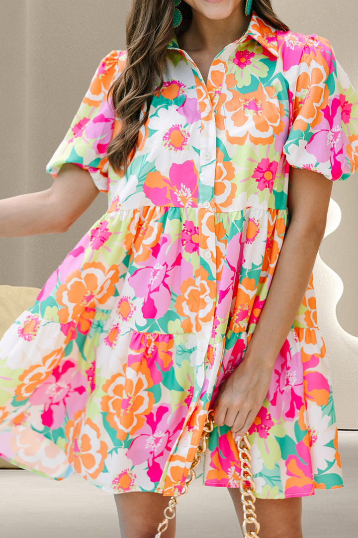 Tiered Printed Short Sleeve Mini Dress Trendsi