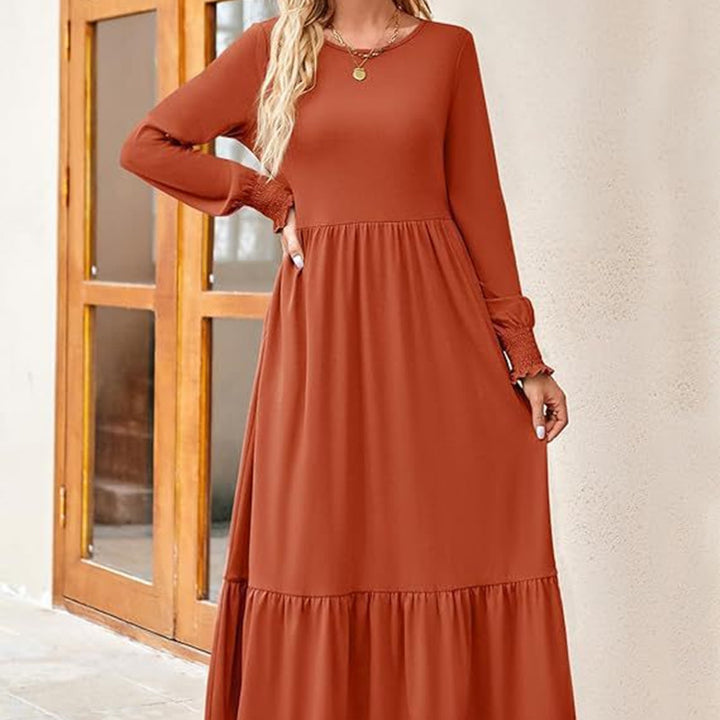 Women's Smocking Long Sleeve Round Neck Mid-length Dress Q2