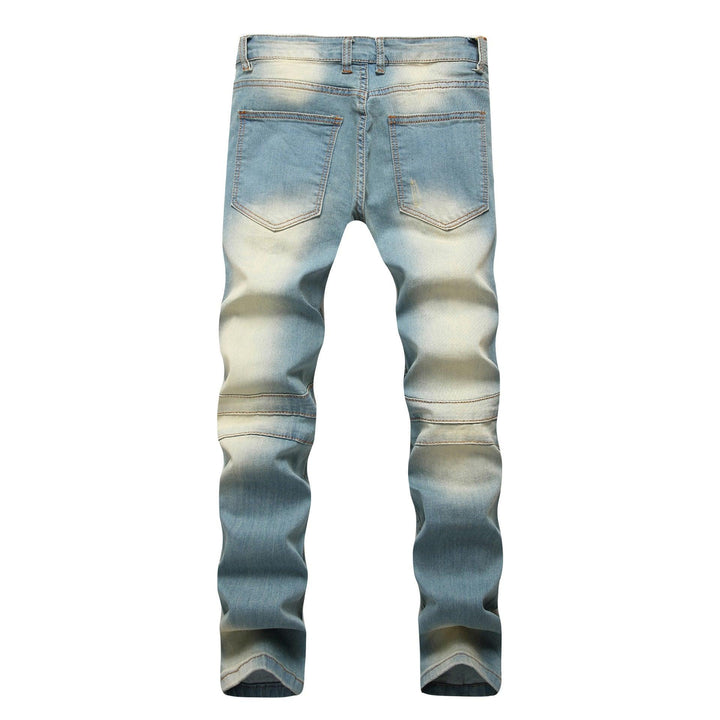 Cross border special for men's zipper, jeans, broken holes, dragging the yellow, nostalgic men, Europe and America high street stretch pants - Super Amazing Store