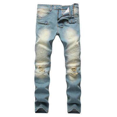 Cross border special for men's zipper, jeans, broken holes, dragging the yellow, nostalgic men, Europe and America high street stretch pants - Super Amazing Store