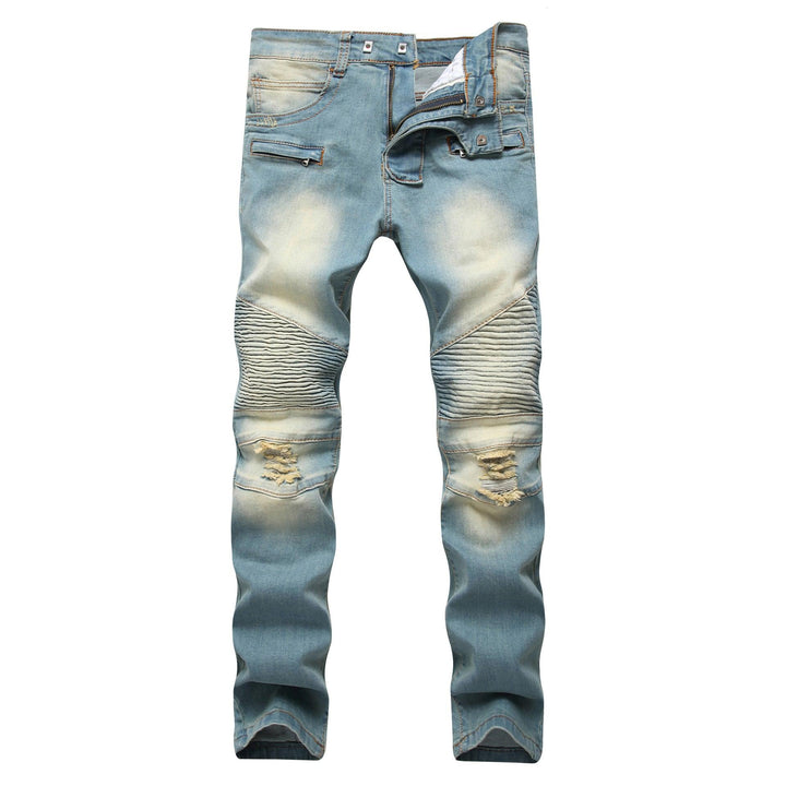 Cross border special for men's zipper, jeans, broken holes, dragging the yellow, nostalgic men, Europe and America high street stretch pants - Super Amazing Store