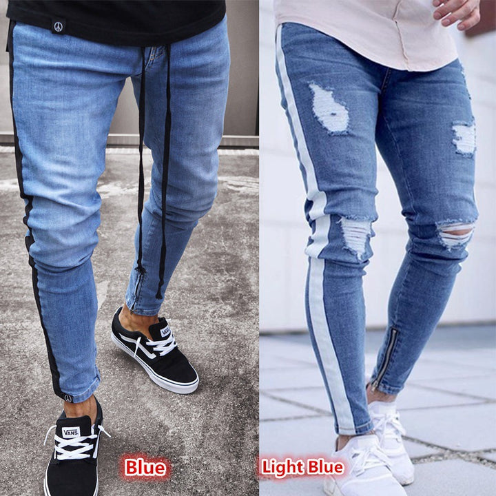 Ripped nostalgic jeans light blue zipper men's jeans-Super Amazing Store