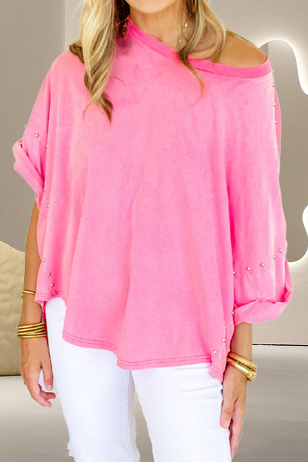 Studded Round Neck Half Sleeve Top Trendsi