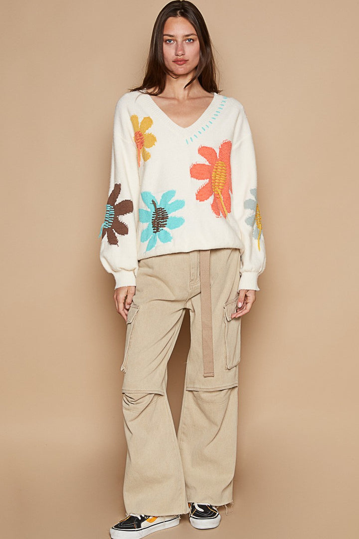 POL V-Neck Long Sleeve Flower Fringe Sweater Trendsi