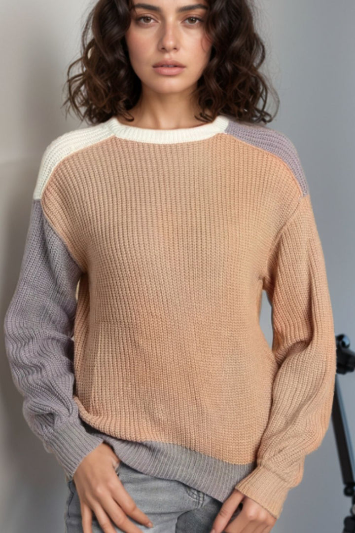 Color Block Round Neck Drop Shoulder Sweater Trendsi