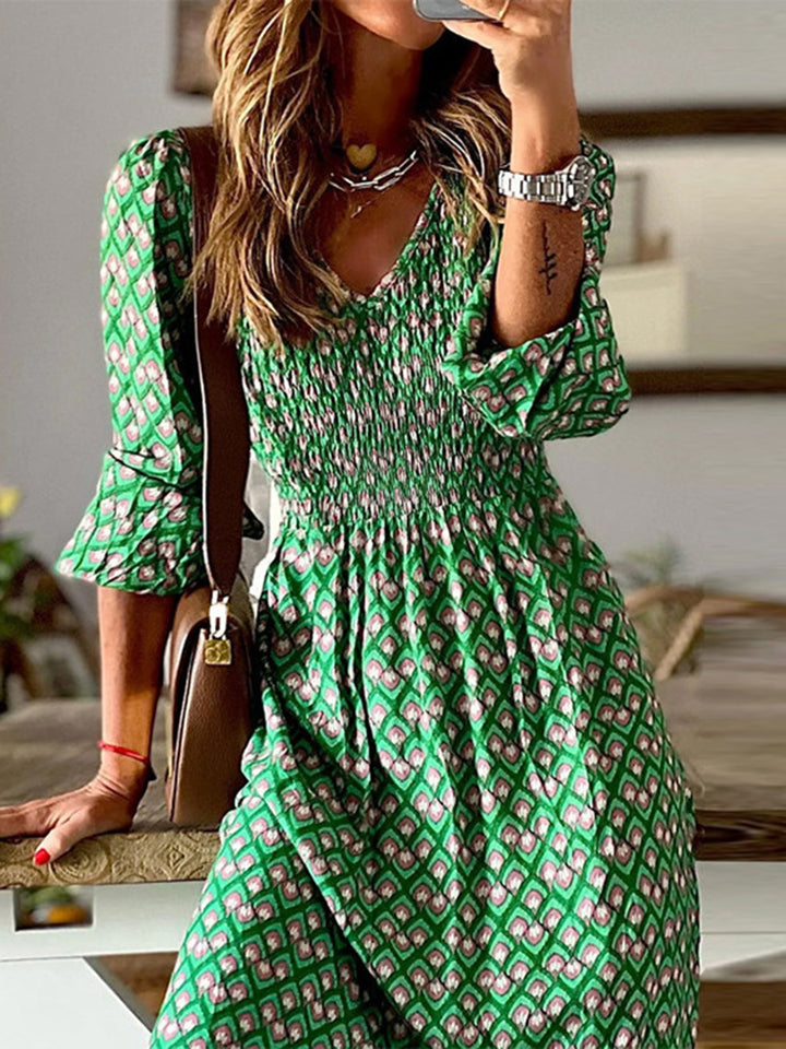 Smocked Printed V-Neck Midi Dress Trendsi