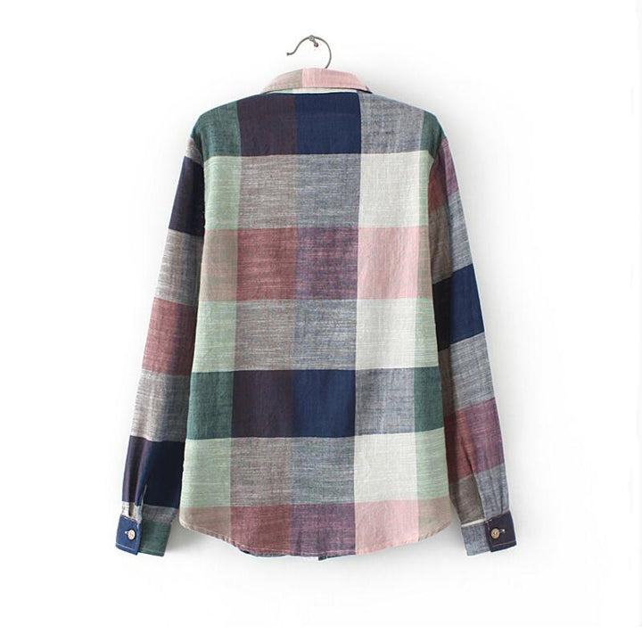 Casual Plaid Women Blouses Vintage Linen Cotton Long Female Shirts Tops - Super Amazing Store