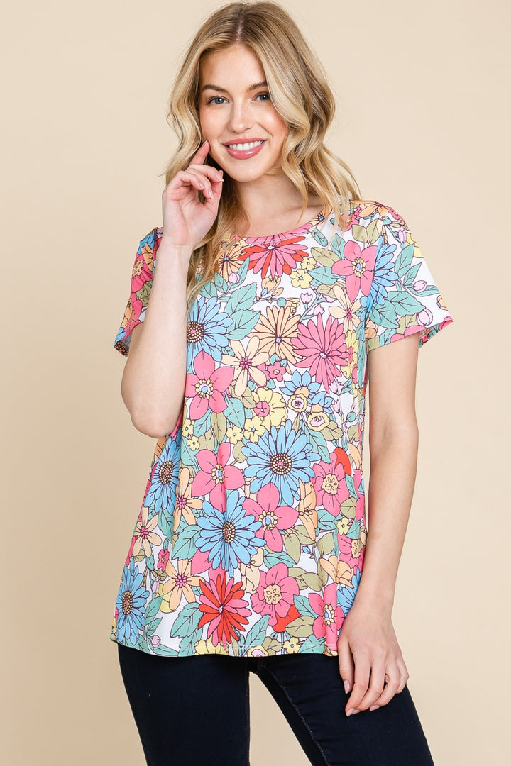 BOMBOM Floral Short Sleeve T-Shirt Trendsi