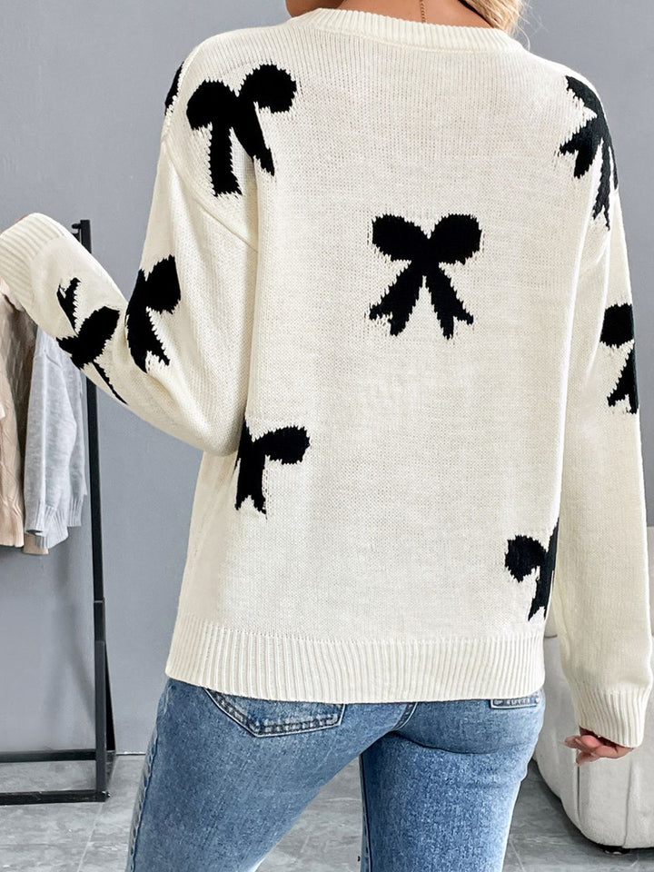 Perfee Bow Graphic Round Neck Long Sleeve Sweater Trendsi