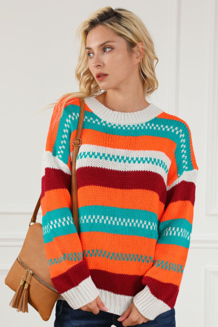 Contrast Striped Round Neck Long Sleeve Sweater Trendsi