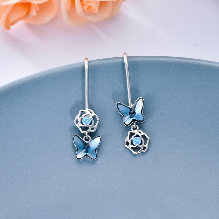 Butterfly Earrings 925 Sterling Silver Drop Earring Elegant Blue Crystal Butterflies Wings Dangle Earring Cute Flower Jewelry Birthday Gift - Super Amazing Store