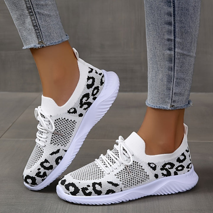 White Shoes Women Leopard Print Lace-up Sneakers Sports Q2