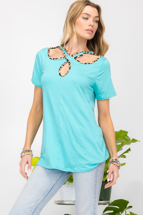 Celeste Full Size Crisscross Cutout Leopard Contrast Trim T-Shirt Trendsi