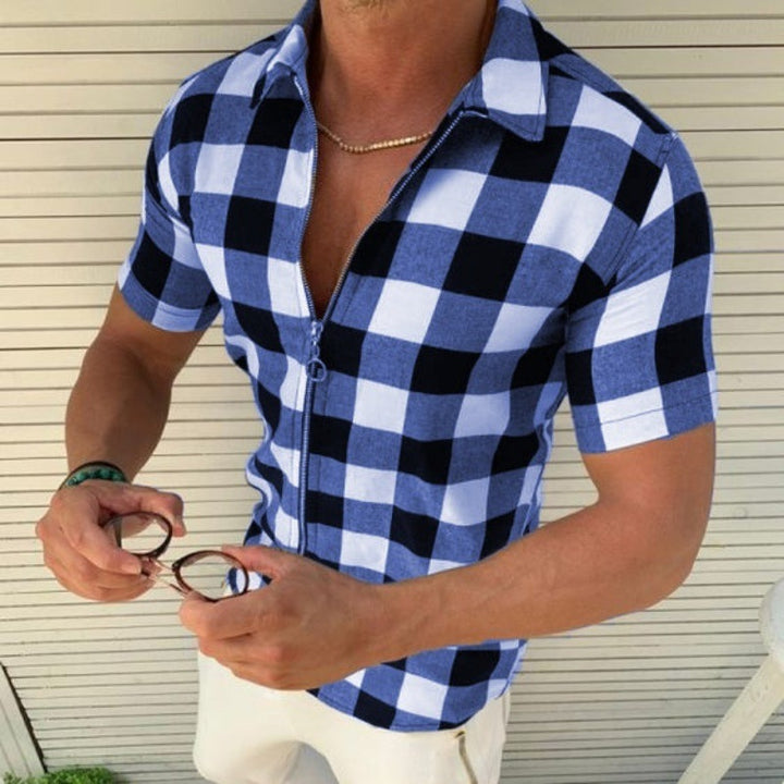 Plaid T Shirt Mens Zipper Short Sleeve Shirts Summer Men Clothing Q2