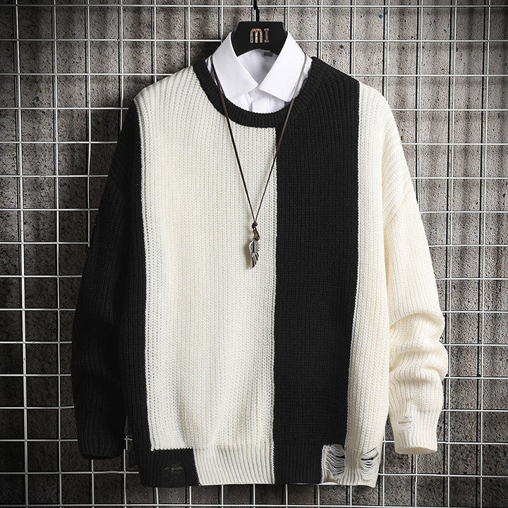 Contrast Stitching Round Neck Pullover Sweater - Super Amazing Store