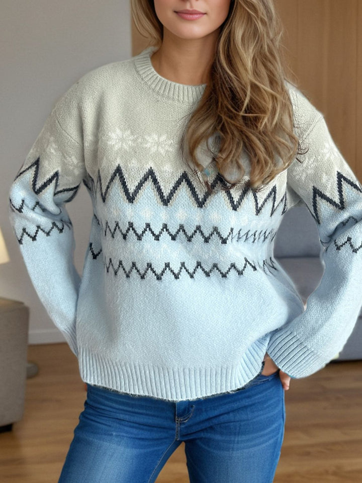 Chevron Contrast Round Neck Long Sleeve Sweater Trendsi