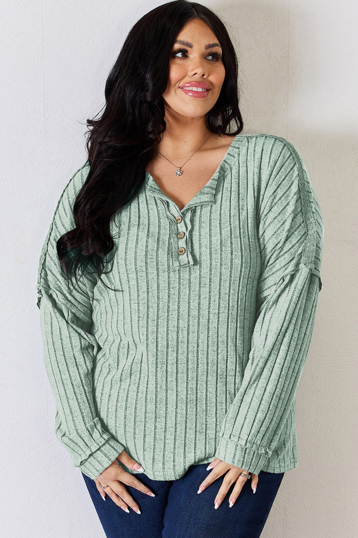 Basic Bae Full Size Ribbed Half Button Long Sleeve T-Shirt Trendsi