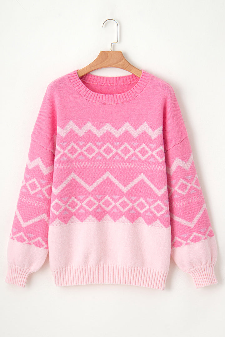 Geometric Drop Shoulder Long Sleeve Sweater Trendsi