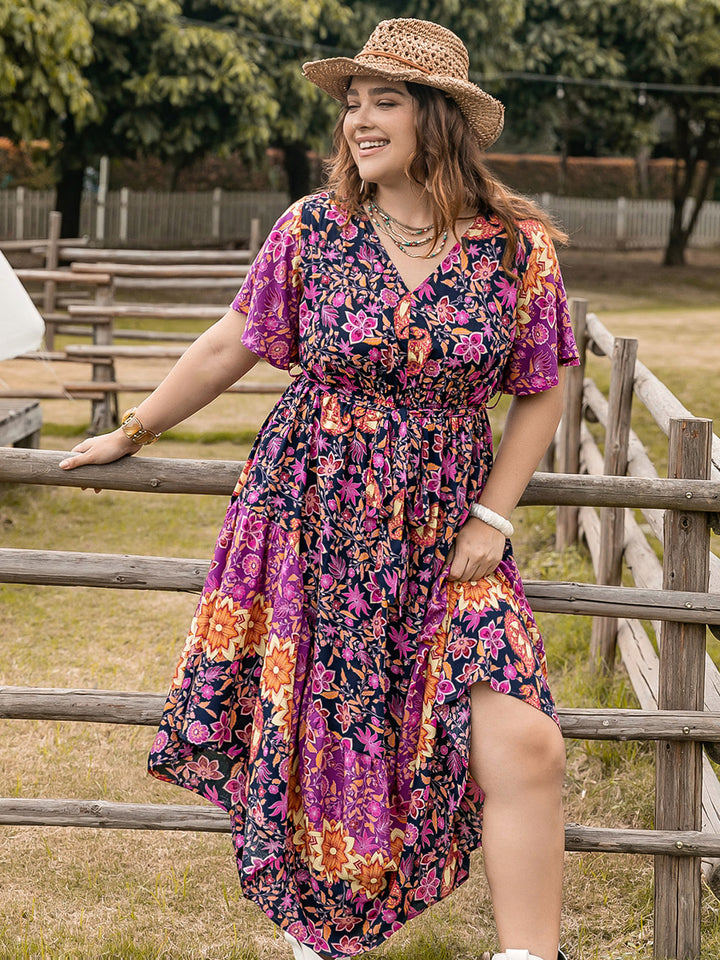 Plus Size Printed V-Neck Flutter Sleeve Midi Dress Trendsi