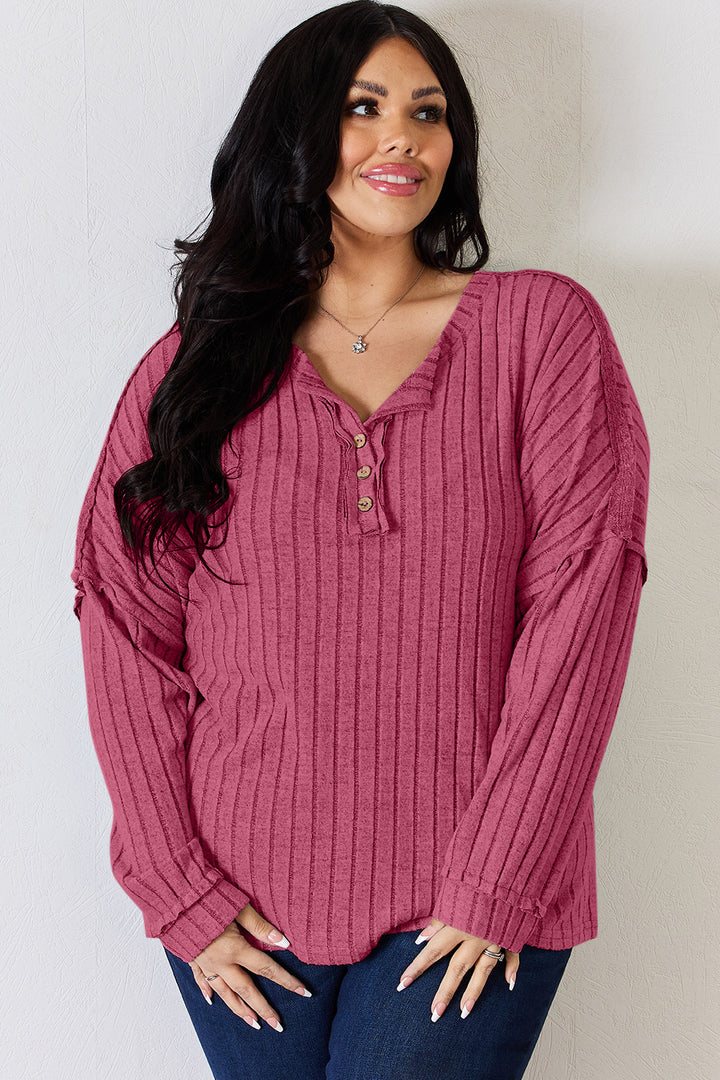 Basic Bae Full Size Ribbed Half Button Long Sleeve T-Shirt Trendsi