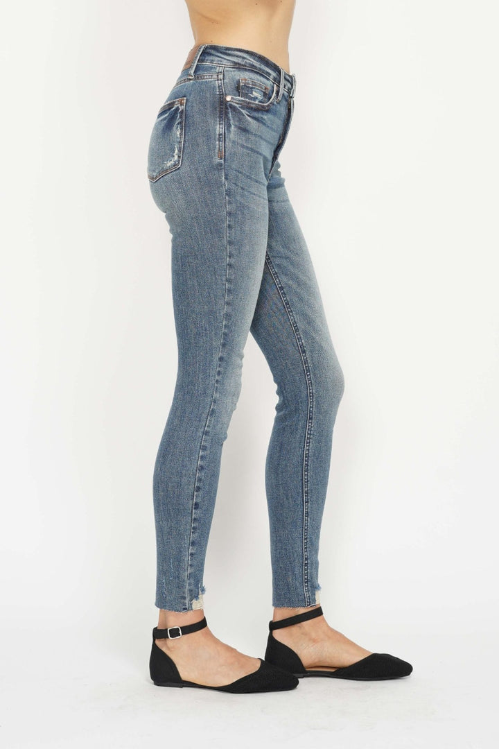 Judy Blue Full Size Tummy Control Vintage Wash Hem Destroy Skinny Jeans Trendsi