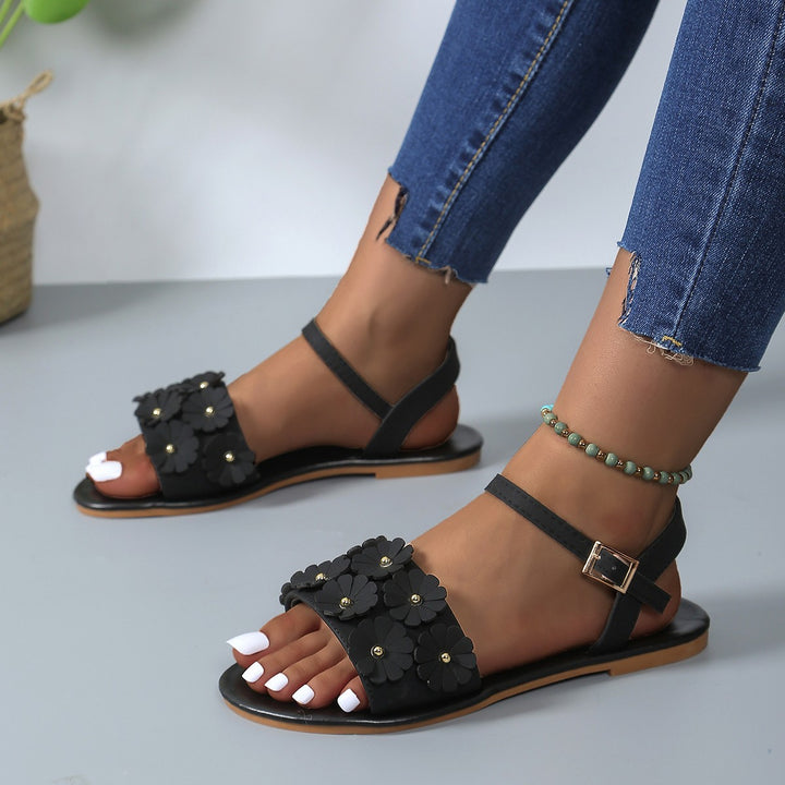 Retro Flowers Sandals Beach Summer Casual Versatile Round Toe Buckle Flat Q2