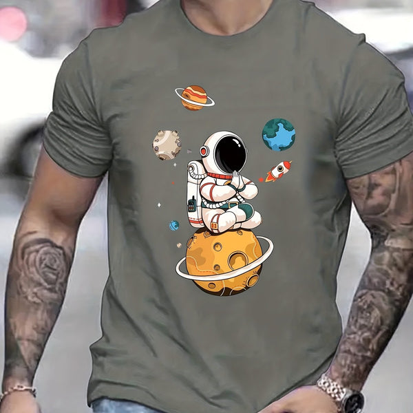 Summer Men's Casual Street Style Elastic Round Neck T-shirt With Cartoon Astronaut And Planet Patterns Super Amazing Store