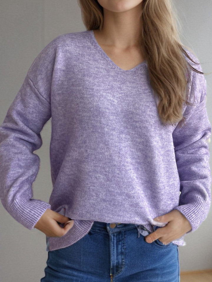 V-Neck Dropped Shoulder Long Sleeve Sweater Trendsi