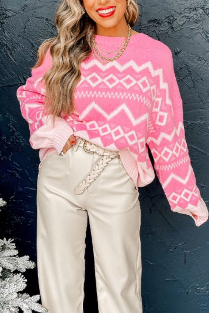 Geometric Drop Shoulder Long Sleeve Sweater Trendsi