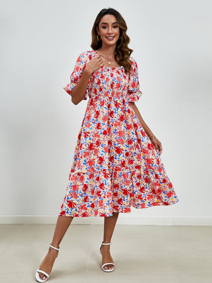 Smocked Floral Square Neck Short Sleeve Dress Trendsi