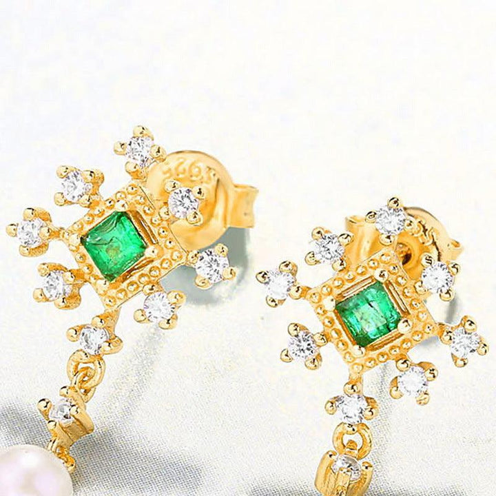 Light Luxury Niche Design Sterling Silver Pearl Earrings Emeralds - Super Amazing Store