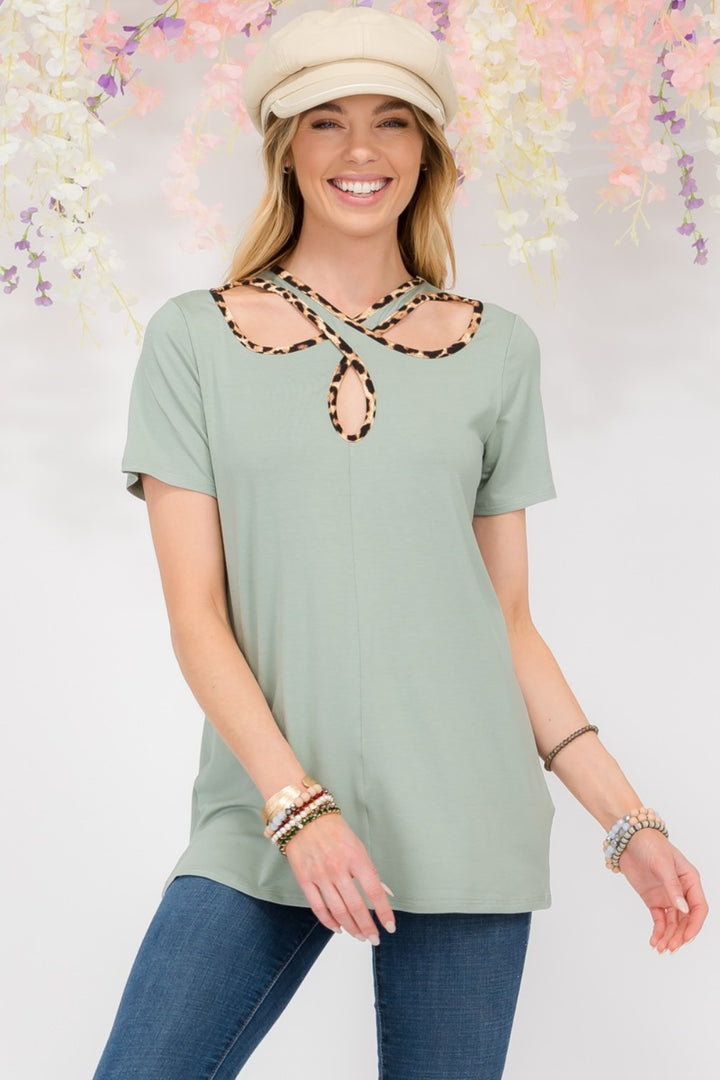 Celeste Full Size Crisscross Cutout Leopard Contrast Trim T-Shirt Trendsi