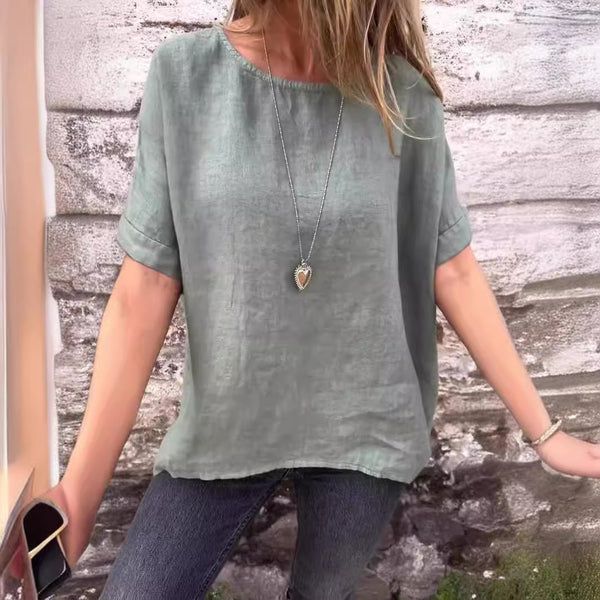 Women's Round Neck Long Sleeve Cotton And Linen Loose-fitting T-shirt Top Q2