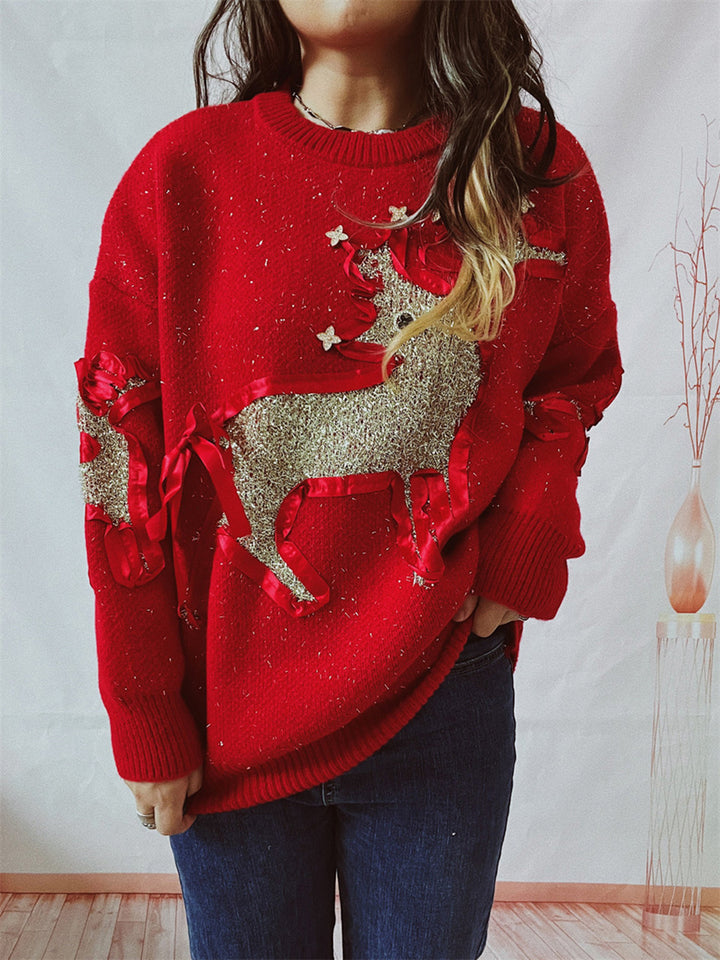 Reindeer Round Neck Long Sleeve Sweater Trendsi