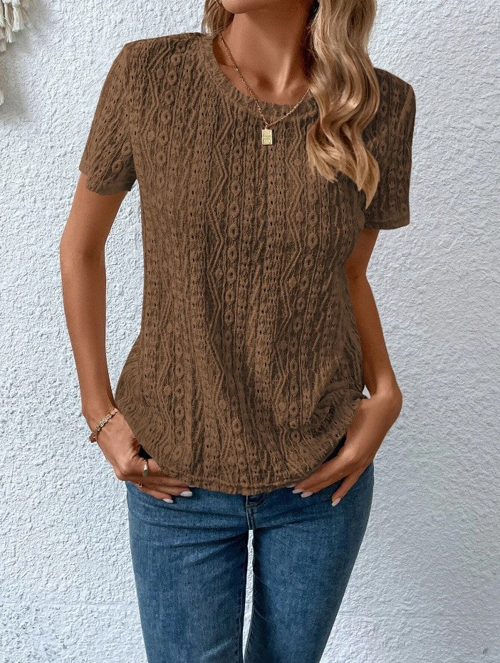 Hollowed Leisure Solid Color Round Neck T-shirt-Super Amazing Store