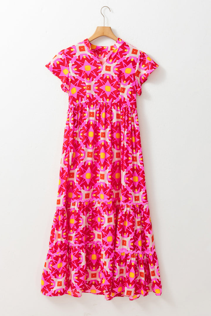 Printed Notched Cap Sleeve Dress Trendsi