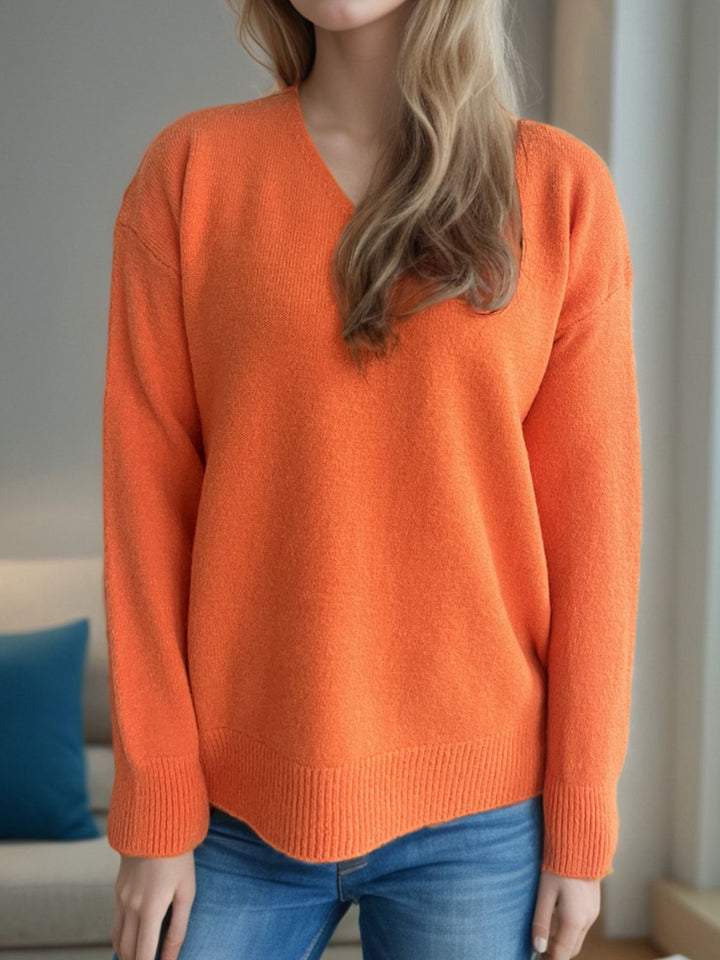 V-Neck Dropped Shoulder Long Sleeve Sweater Trendsi