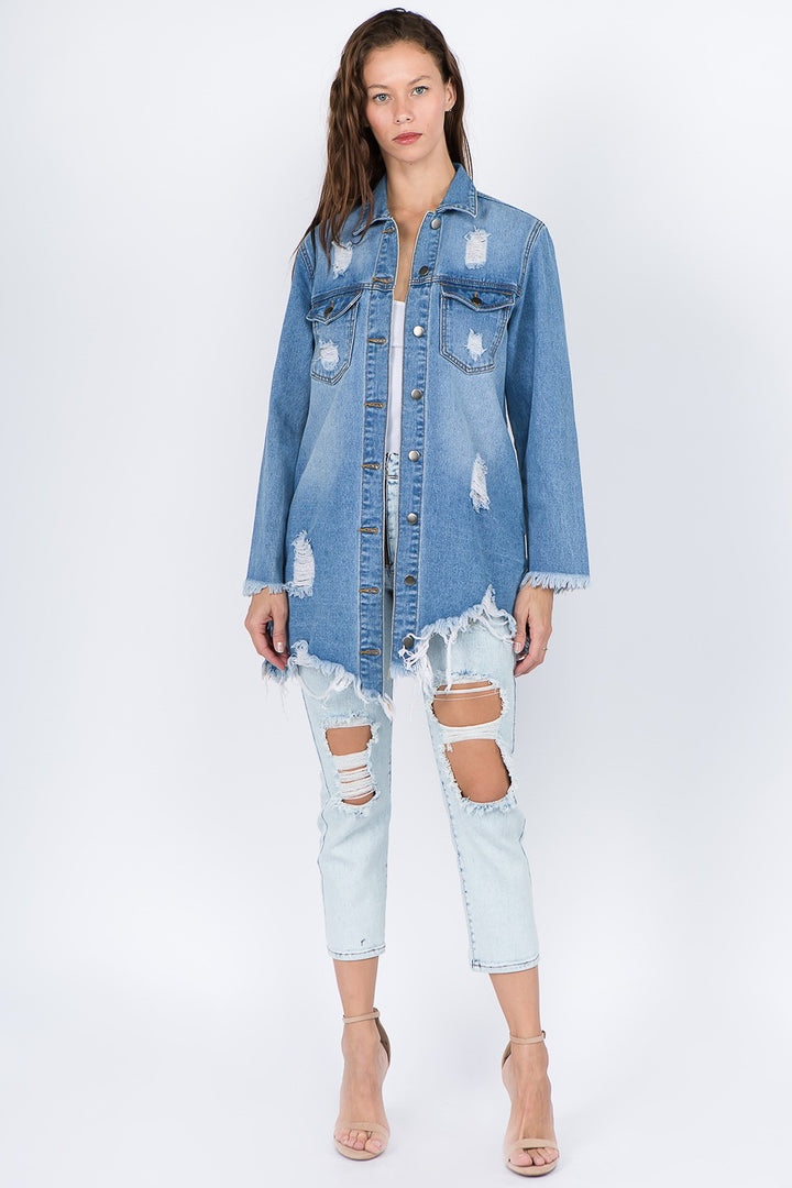 American Bazi Distressed Frayed Hem Denim Jacket Trendsi