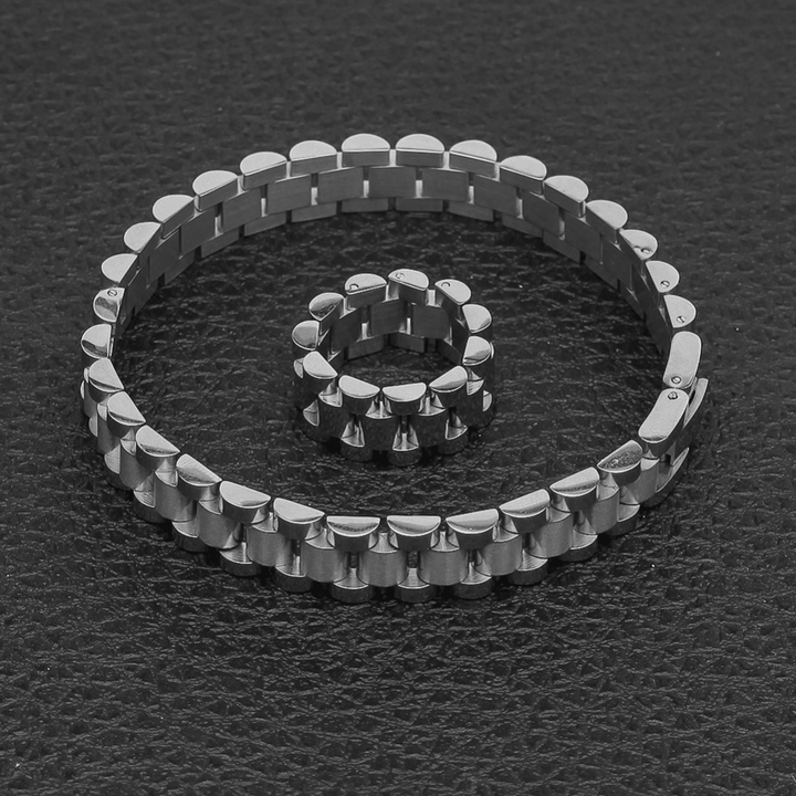 10mm Wristband Link Bracelet And 10mm 8-12 Adjustable Size Ring Stainless Steel Silver Gold Color Bracelets/Rings Set - Super Amazing Store